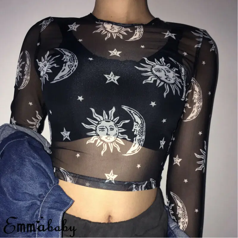 2020 Newest Hot Women Sexy Harajuku Mesh Tops Net See Through T Shirt Transparent Sun Moon Star Print Basic Crop Top Clubwear
2020 Newest Hot Women Sexy Harajuku Mesh Tops Net See Through T Shirt Transparent Sun Moon Star Print Basic Crop Top Clubwear