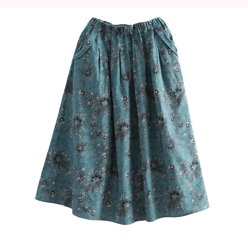 Женская льняная хлопковая юбка средней длины с большим свободным принтом