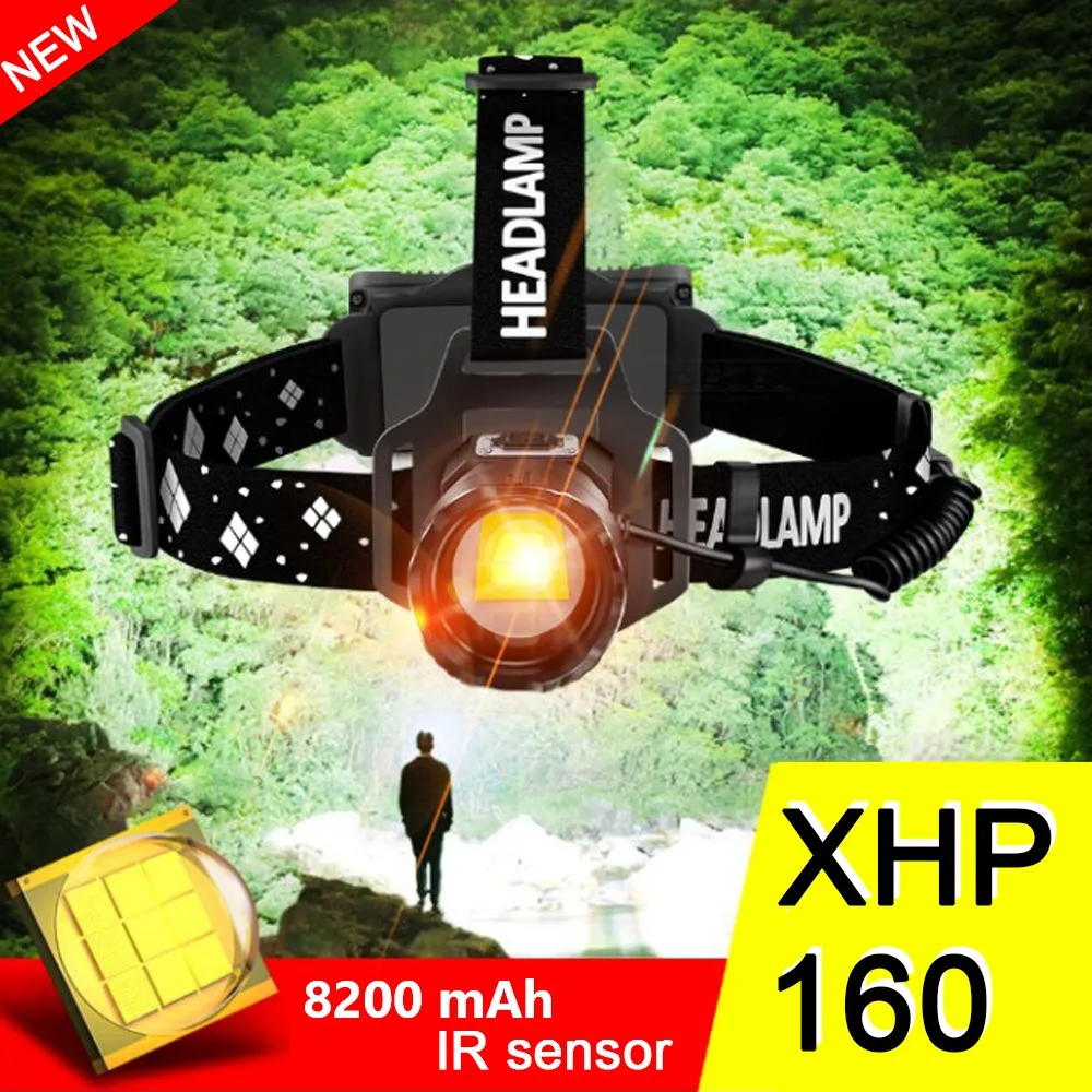 Супер яркий XHP160 Мощный светодиодный налобный фонарь ИК Сенсор головная лампа