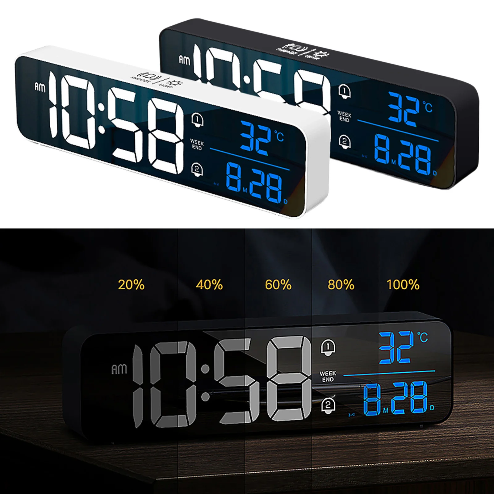 Mirror Music Digital Clock Large LED with Temperature Date Calendar 2 Alarms 4 Volume