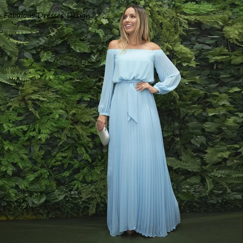 Sky Blue Off Shoulder Evening Dresses Long Sleeve Boat Neck Long A-line 2021 Chiffon Prom Dress Robe De Soiree De Mariage
Sky Blue Off Shoulder Evening Dresses Long Sleeve Boat Neck Long A-line 2021 Chiffon Prom Dress Robe De Soiree De Mariage