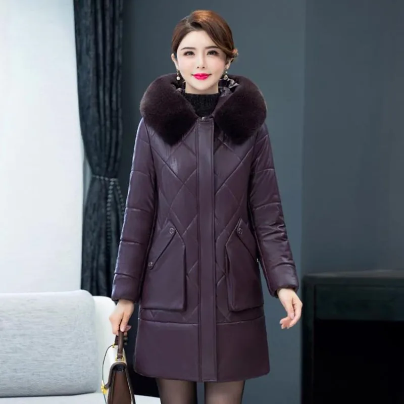 Women Fur Collar Hooded Soft Leather Long Winter Jacket Ladies Faux Sheepskin Parkas Cotton-padded Coat Female Thicken Outerwear
Women Fur Collar Hooded Soft Leather Long Winter Jacket Ladies Faux Sheepskin Parkas Cotton-padded Coat Female Thicken Outerwear
