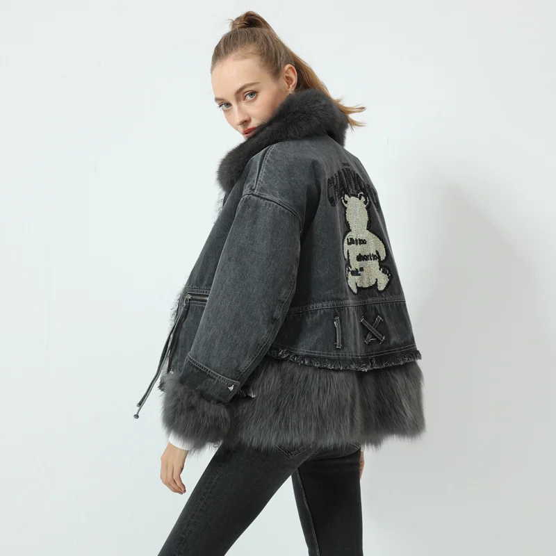 

SHZQ 2021 Winter New Net Red Denim Stitched Fox Fur Grass Coat Short Loose Down Parker Overcome Women