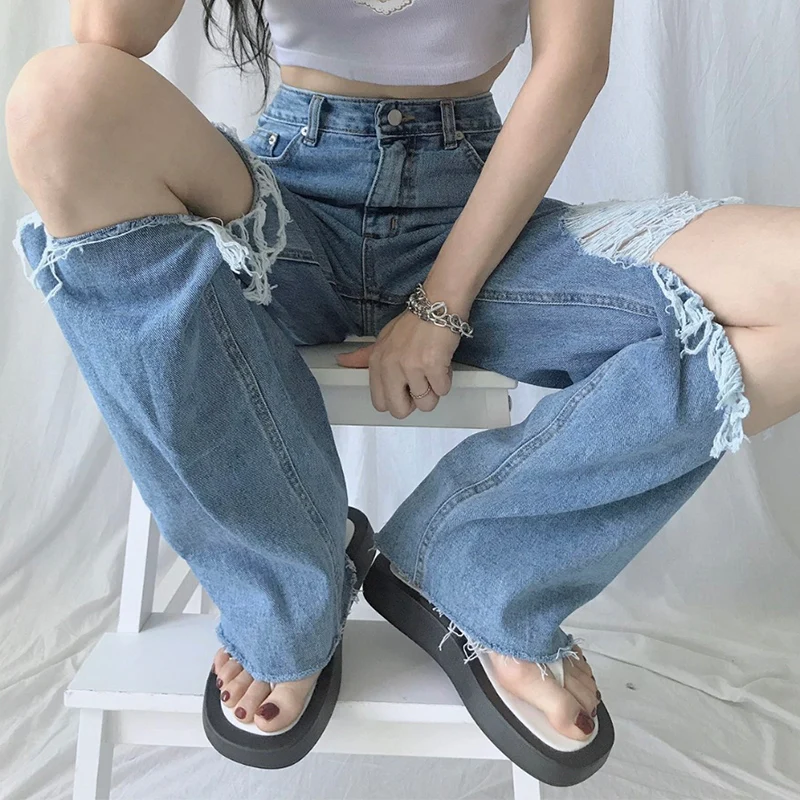 Women's Stylish Random Ripped Hole Jeans High Waist Solid Color Wild Chic Straight Pants Hip Hop Wide Leg Trousers with Pocket
Women's Stylish Random Ripped Hole Jeans High Waist Solid Color Wild Chic Straight Pants Hip Hop Wide Leg Trousers with Pocket