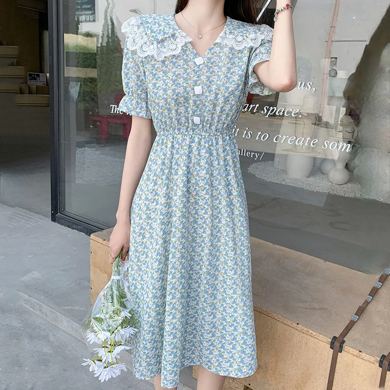 Casual Floral Print Puff Sleeve Women Dress Korean Cute Lace Stitching Doll Collar High Waist Long Dress Summer Chiffon Dresses
Casual Floral Print Puff Sleeve Women Dress Korean Cute Lace Stitching Doll Collar High Waist Long Dress Summer Chiffon Dresses