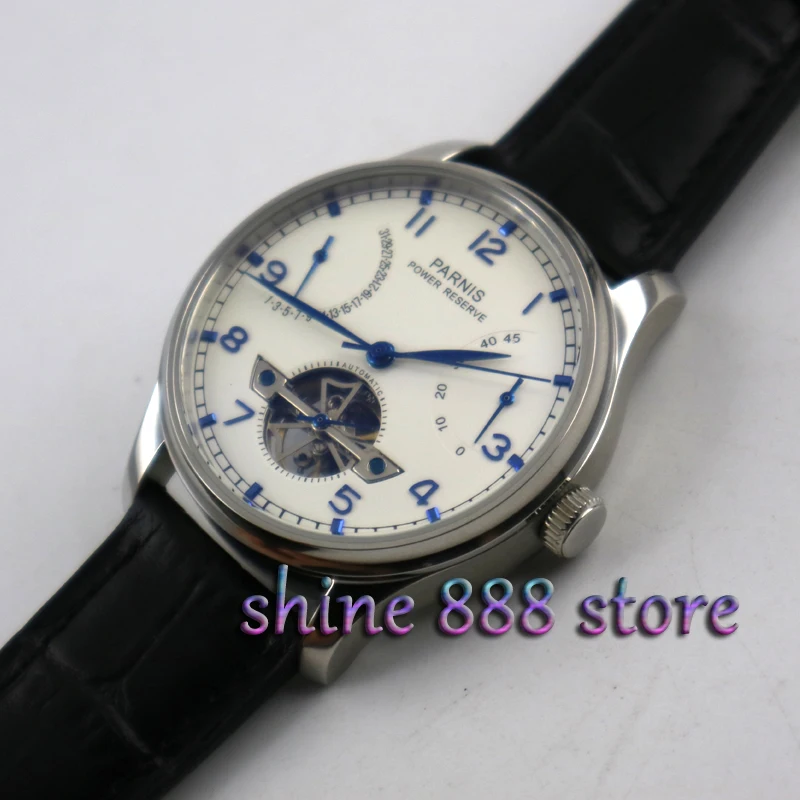 Parnis 43mm White dial power reserve Date Black strap Automatic Mechanical Men's Watches
Parnis 43mm White dial power reserve Date Black strap Automatic Mechanical Men's Watches