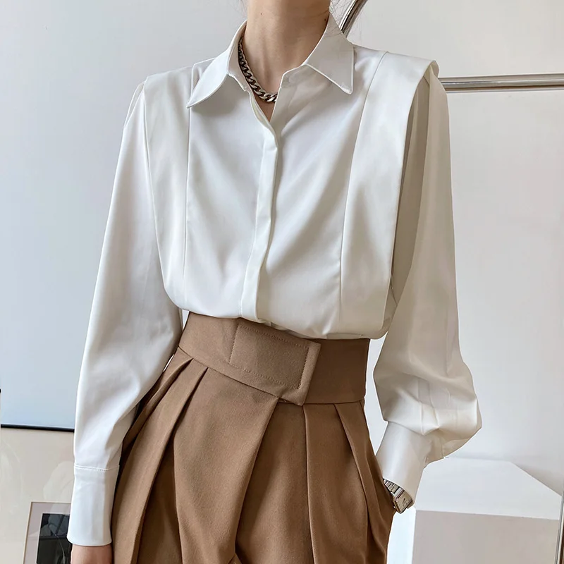 Women Black Minimalism Blouse Lapel Long Sleeve Loose Fit Shirt Tide Autumn 2021 High Quality Women Ruffled Satin Blusas
Women Black Minimalism Blouse Lapel Long Sleeve Loose Fit Shirt Tide Autumn 2021 High Quality Women Ruffled Satin Blusas