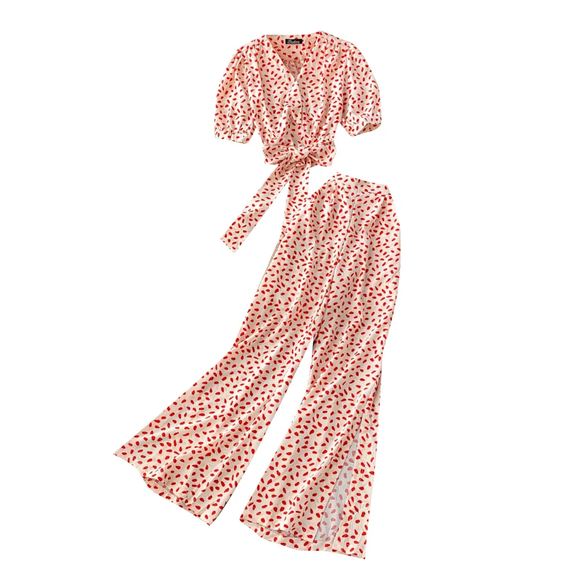 Printed Suit Women's V-neck Puff Sleeve Bow Tie Waist Short Top Split Wide Leg Pants