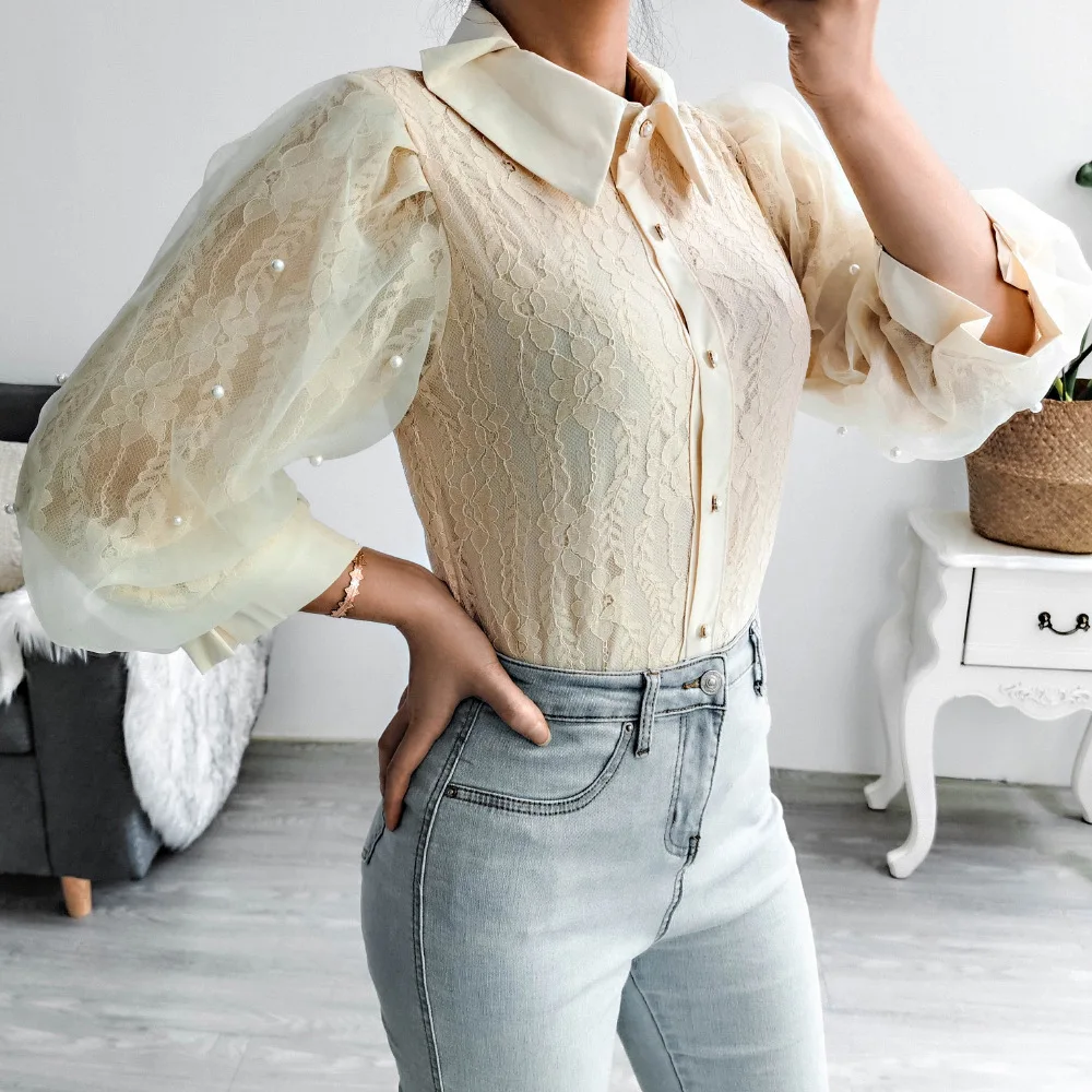 Beading Mesh Women Chiffon Blouse Lace Patchwork Long Lantern Sleeve Pearls Gauze Blouses Ladies Elegant Sweet Stand Collar Tops 
Beading Mesh Women Chiffon Blouse Lace Patchwork Long Lantern Sleeve Pearls Gauze Blouses Ladies Elegant Sweet Stand Collar Tops