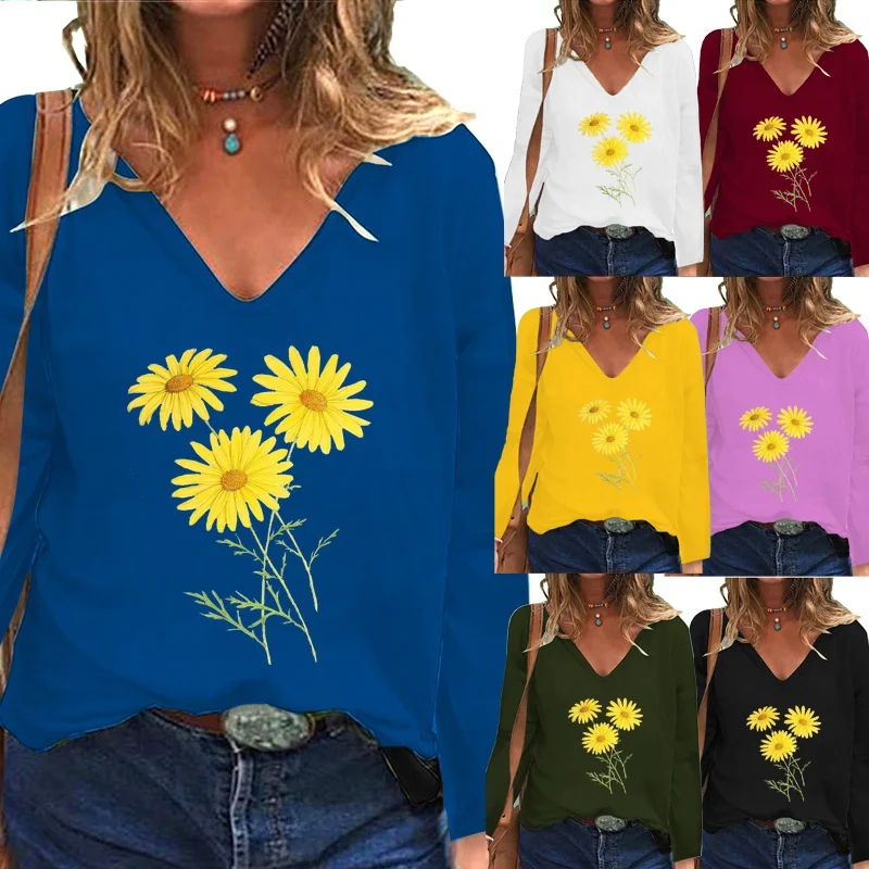 Women Autumn Casual Fashion Deep V-neck Loose Flowers Print Top Long Sleeve Shirt Ladies Solid Color Plus Size XS-5XL 
Women Autumn Casual Fashion Deep V-neck Loose Flowers Print Top Long Sleeve Shirt Ladies Solid Color Plus Size XS-5XL