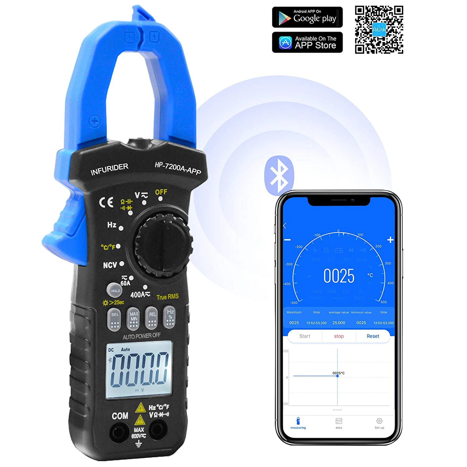 Беспроводные Bluetooth-клещи HP-7200APP 6000 отсчетов Автоматический диапазон мультиметры