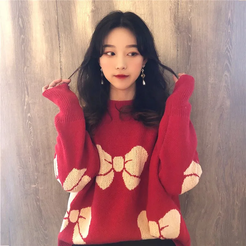 Christmas Women's Thicken Sweaters Ladies Lovely Elk Snowflake Bell Bow Pattern Sweater Korean Style Loose Red Knit Pullover 
Christmas Women's Thicken Sweaters Ladies Lovely Elk Snowflake Bell Bow Pattern Sweater Korean Style Loose Red Knit Pullover