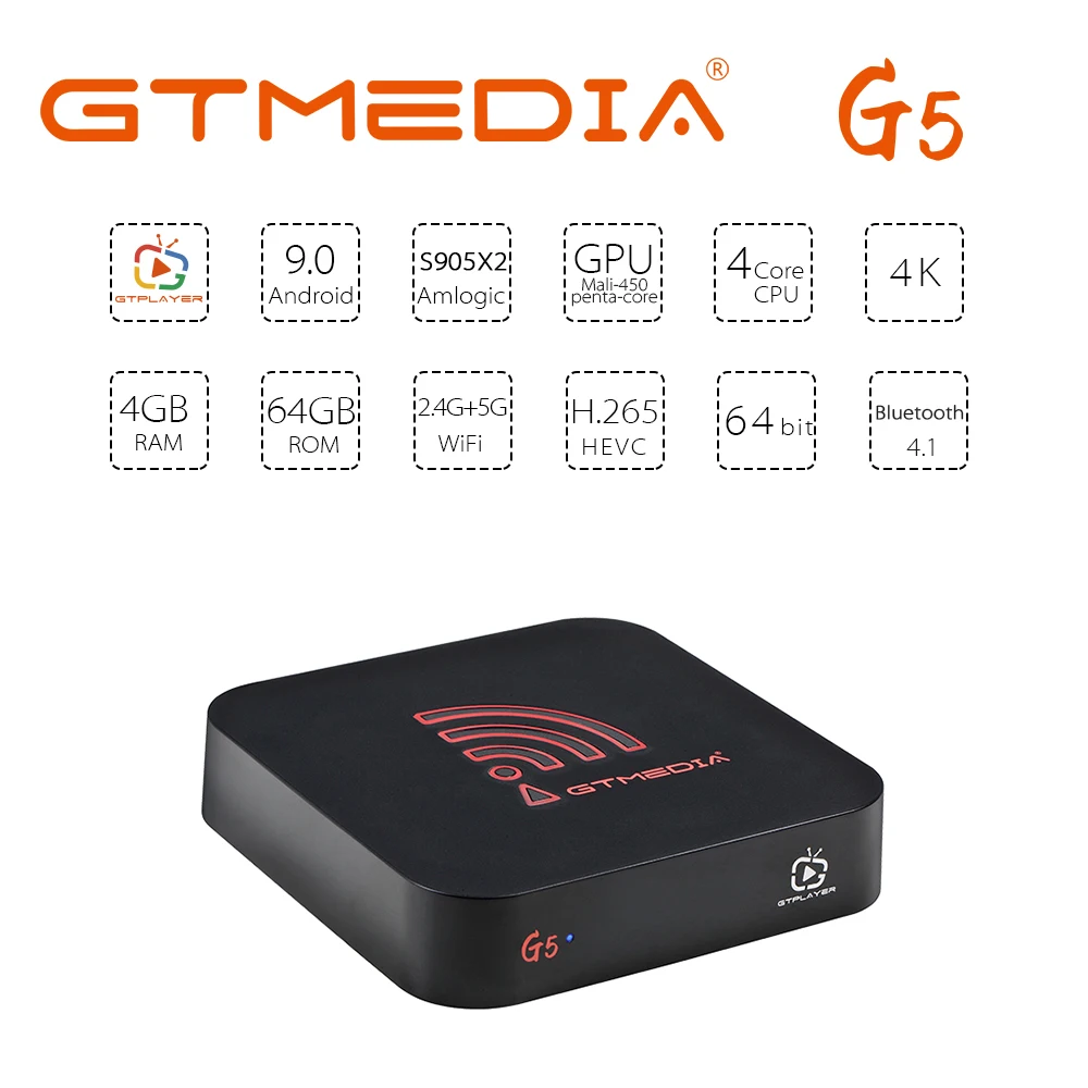 Smart TV коробка GTmedia G5 Android 9,0 коробка, четыре ядра, 4 Гб Оперативная память 64 Гб 2,4 г & 5G WI-FI 4K HD BT OTA медиа Google Play Декодер каналов кабельного телевид...
Smart TV коробка GTmedia G5 Android 9,0 коробка, четыре ядра, 4 Гб Оперативная память 64 Гб 2,4 г & 5G WI-FI 4K HD BT OTA медиа Google Play Декодер каналов кабельного телевид...