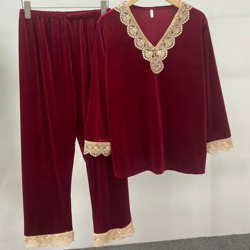 Women V-neck Shirt&Pants Velour Pajamas Set Lace Sleep Set Autumn 2PCS Sleepwear Casual Pijamas Suit Elastic Waist Nightwear
Women V-neck Shirt&Pants Velour Pajamas Set Lace Sleep Set Autumn 2PCS Sleepwear Casual Pijamas Suit Elastic Waist Nightwear