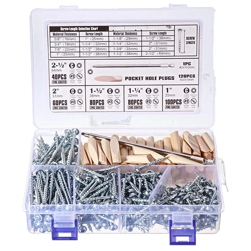 482Pcs 25-64Mm Self Tapping Pocket Hole Screw Project Kit SQ2 Square Head Driver Wood Pocket Hole Plugs
482Pcs 25-64Mm Self Tapping Pocket Hole Screw Project Kit SQ2 Square Head Driver Wood Pocket Hole Plugs