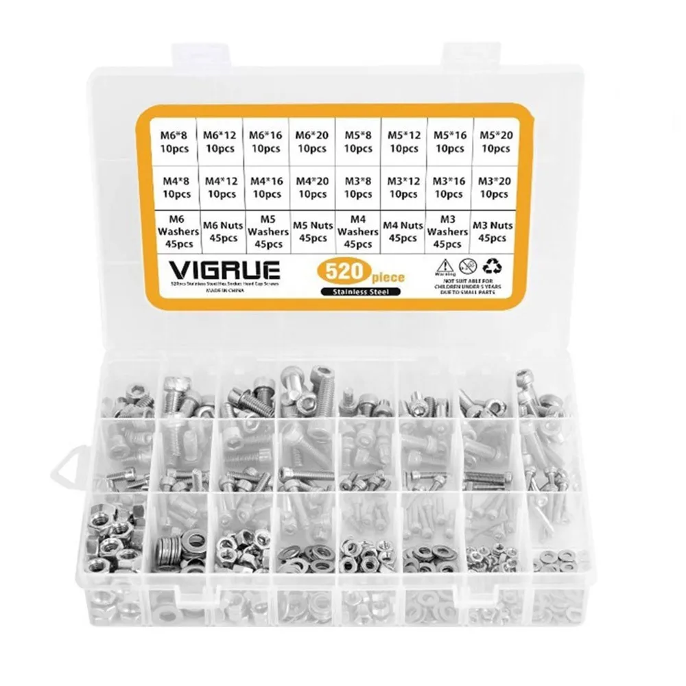 520PCS M3-M6 Screws Tools Kit Bolts And Nuts Assortment Stainless Steel Hardware Hand Tools Hex Head Cup Head Screws Washers Kit
520PCS M3-M6 Screws Tools Kit Bolts And Nuts Assortment Stainless Steel Hardware Hand Tools Hex Head Cup Head Screws Washers Kit