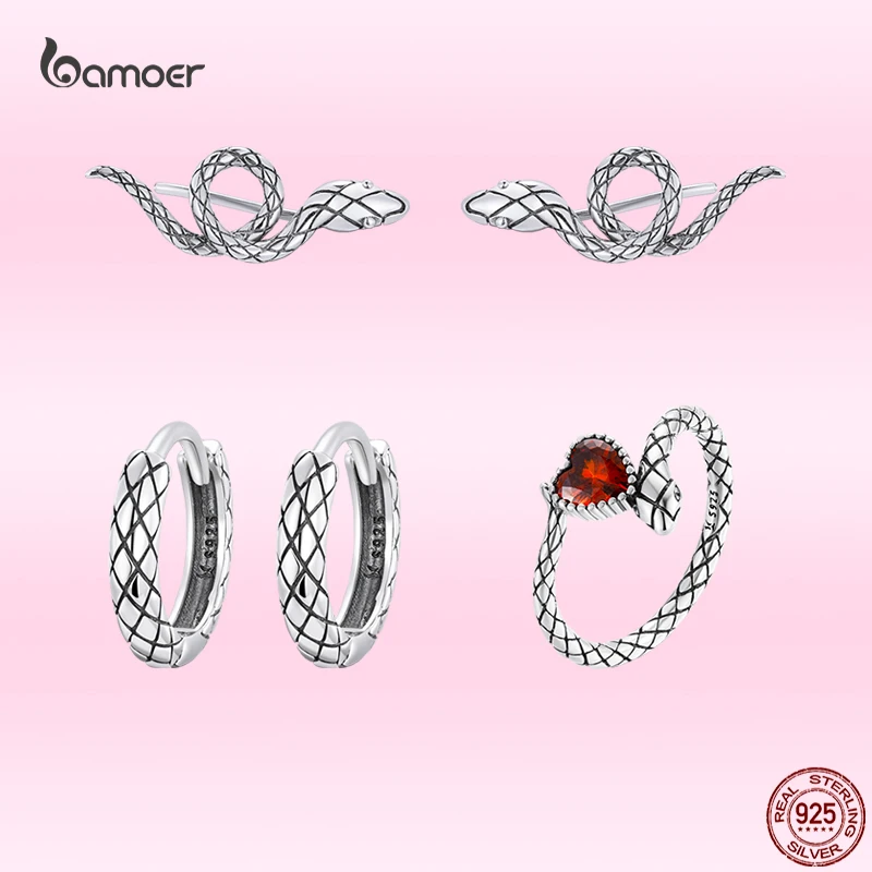 Bamoer Fashion Vintage Snake Love Ring Earrings for Women 925 Sterling Silver Animal Ear Studs Fine Anniversary Jewelry Sets
Bamoer Fashion Vintage Snake Love Ring Earrings for Women 925 Sterling Silver Animal Ear Studs Fine Anniversary Jewelry Sets