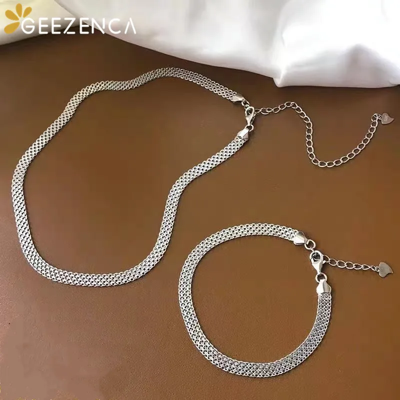 

GEEZENCA Shinny S925 Silver Tank Chain Sparkling Bracelet Choker Necklace Fashion Vintage Woven Clavicle Chain 2021 New Trend
