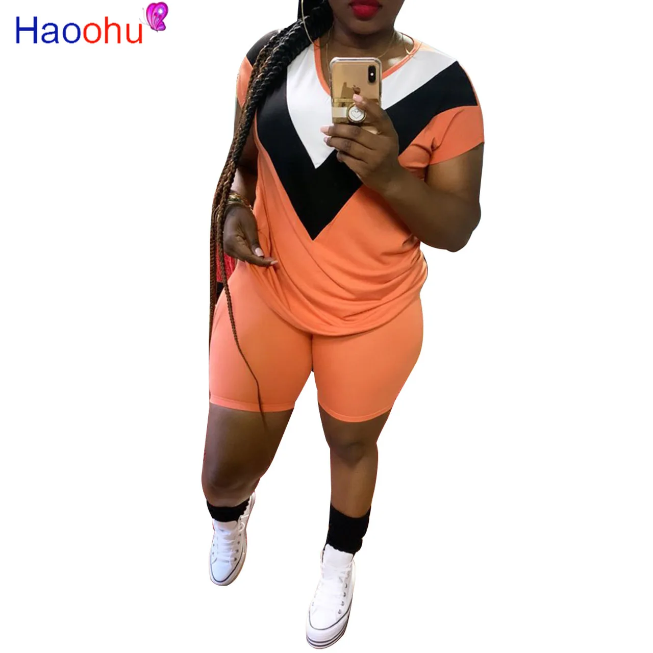 HAOOHU Women Plus Size XL-5XL Patchwork V-neck T-shirt Shorts Jogger Suit Tracksuit Two Piece Matching Set Fitness Outfits
HAOOHU Women Plus Size XL-5XL Patchwork V-neck T-shirt Shorts Jogger Suit Tracksuit Two Piece Matching Set Fitness Outfits