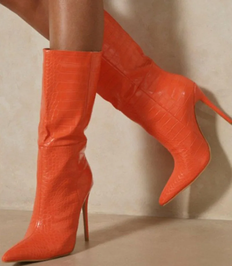 Orange Snake Printed Leather Mid Calf Boots Pointed Toe Stiletto Heel Short Bootie Slip-on Python Ridding Boots Women
Orange Snake Printed Leather Mid Calf Boots Pointed Toe Stiletto Heel Short Bootie Slip-on Python Ridding Boots Women