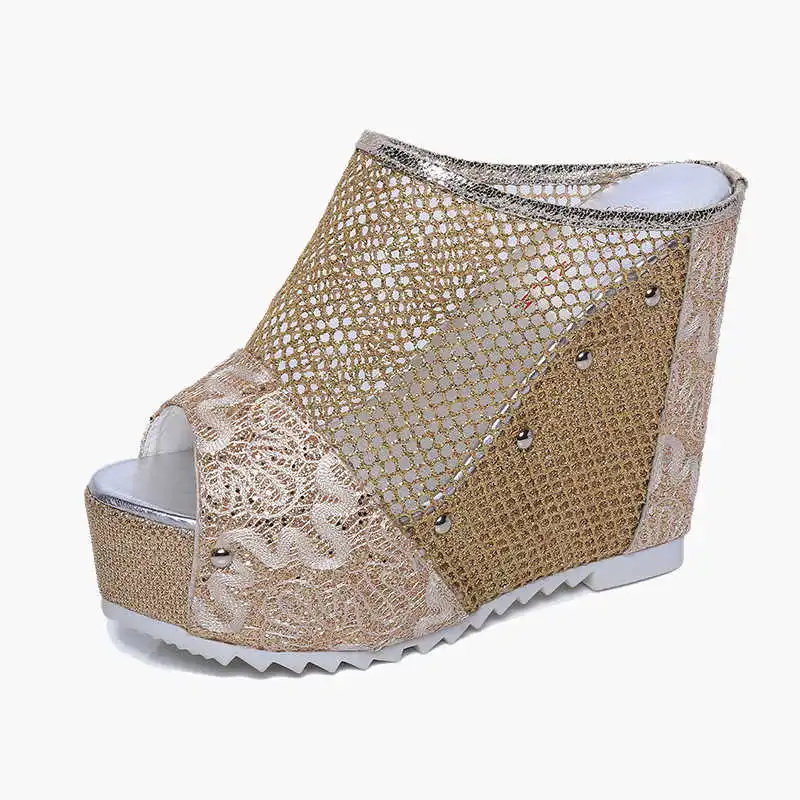 Fish mouth breathable mesh high-heeled sandals fashion gold silver slope heel hole shoes summer everyday women's shoes
Fish mouth breathable mesh high-heeled sandals fashion gold silver slope heel hole shoes summer everyday women's shoes