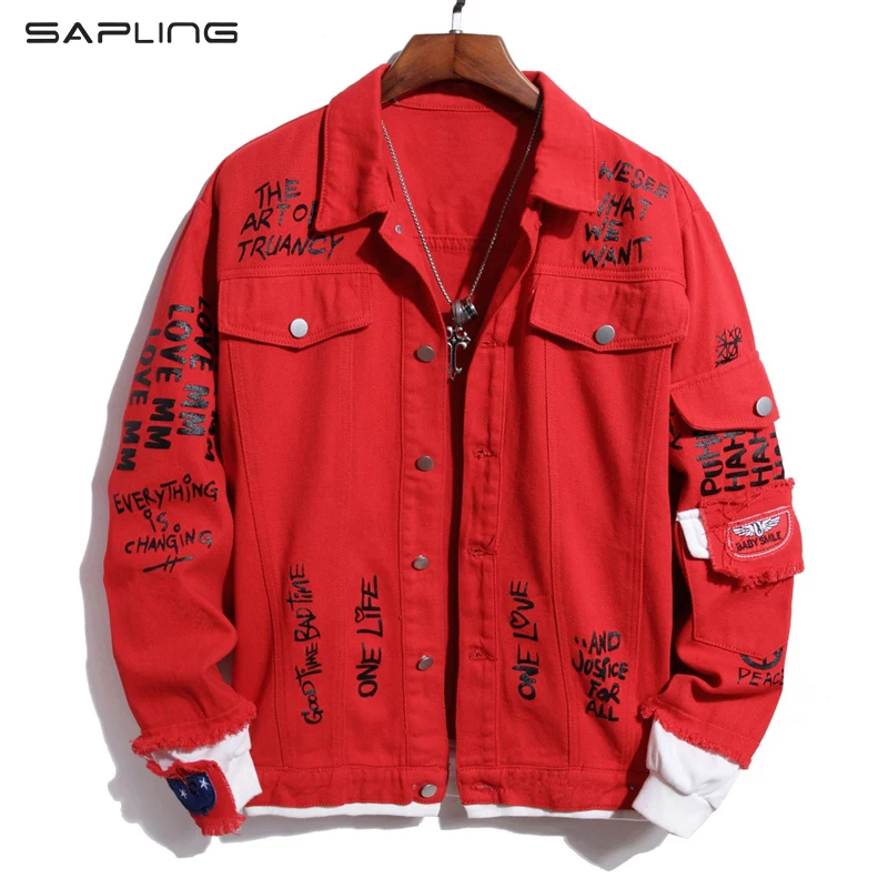 

Street Hipster Hip Hop Letter Flower Printed Red Jean Coats For Men Personality Fake Two-pieces Veste Cowboy Homme Denim Jackets