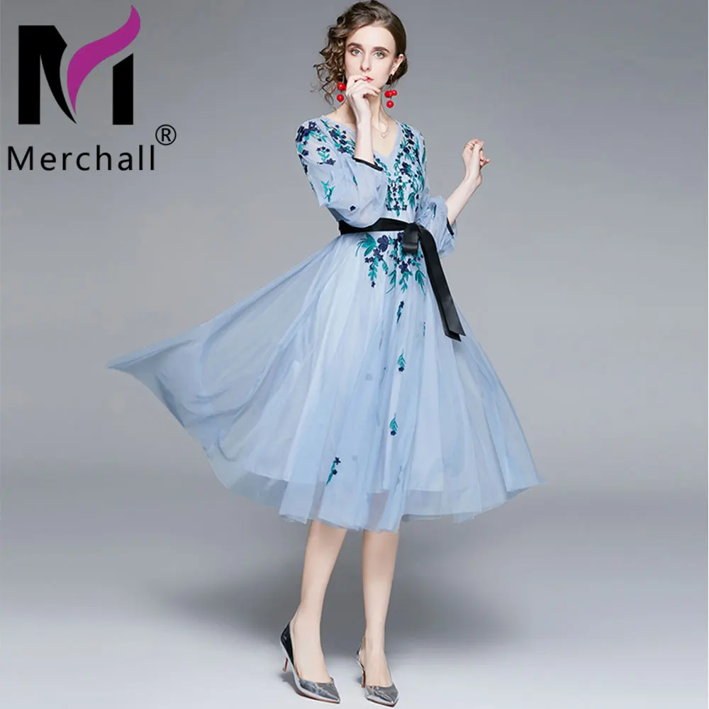 

Merchall New Arrival Mesh Embroidery Patchwrok V Neck Long Lantern Sleeve Elegant Bow Sashes Women's Autumn Party Dress M6A372