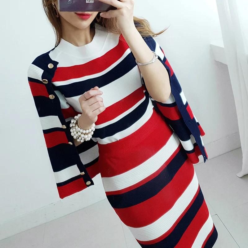 Knitted Striped 3 Pieces Set Women Single-Breasted Cardigan + Short Sleeve Pullover Tops + Bodycon Skirt Suit Women's Sets 2019
Knitted Striped 3 Pieces Set Women Single-Breasted Cardigan + Short Sleeve Pullover Tops + Bodycon Skirt Suit Women's Sets 2019