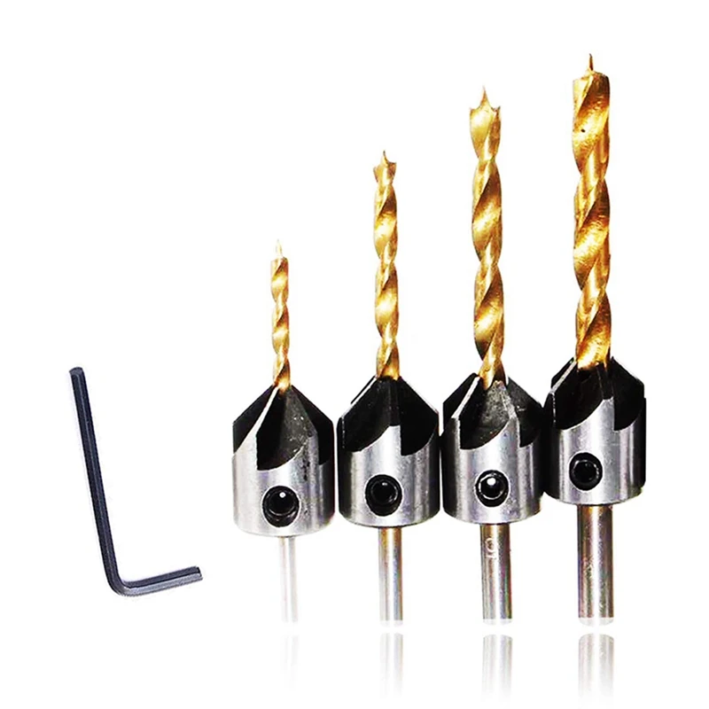 4 PCS Titanium Coated Countersink Drill Bit Set Woodworking Carpentry Reamer Tool Set with Hex Key Wrench
4 PCS Titanium Coated Countersink Drill Bit Set Woodworking Carpentry Reamer Tool Set with Hex Key Wrench