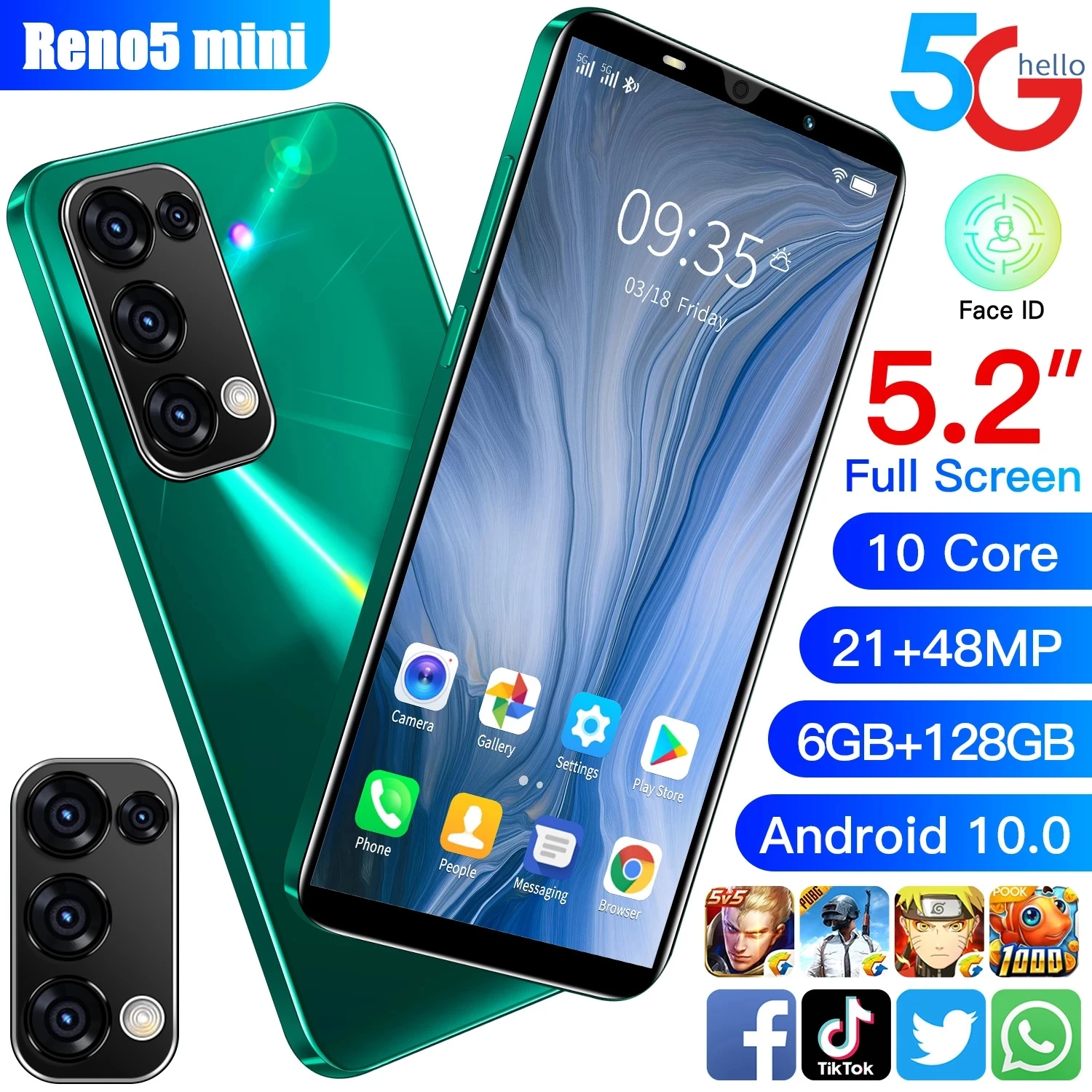 Reno5 mini Global Version 5.2nch full screen 6+128GB 21MP+48MP camera MTK6895 4500mAhbattery Face fingerprint ID Smartphone
Reno5 mini Global Version 5.2nch full screen 6+128GB 21MP+48MP camera MTK6895 4500mAhbattery Face fingerprint ID Smartphone