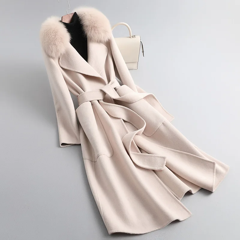 

New 2023 Women's Fashion Long Lamb Woolen Trench Coat With Genuine Fox Fur Collar Elegant Lady Belted Long Overcoat With Pockets