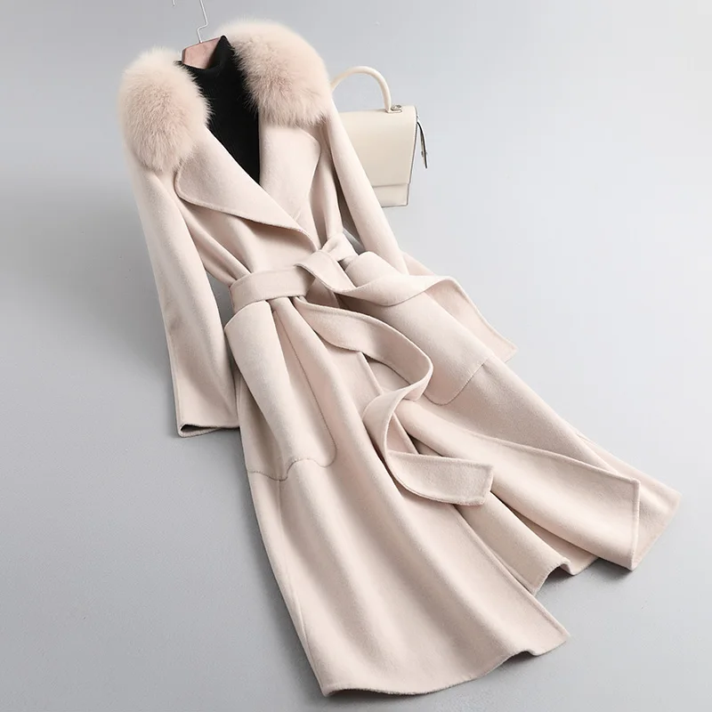 New 2023 Women's Fashion Long Lamb Woolen Trench Coat With Genuine Fox Fur Collar Elegant Lady Belted Long Overcoat With Pockets
New 2023 Women's Fashion Long Lamb Woolen Trench Coat With Genuine Fox Fur Collar Elegant Lady Belted Long Overcoat With Pockets