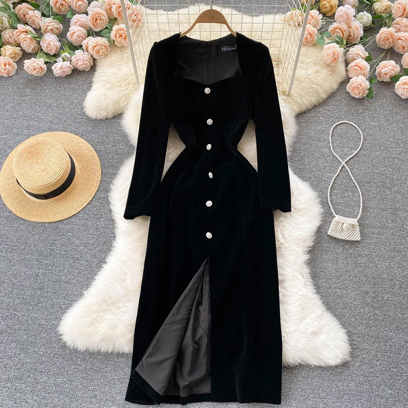 Black Elegant Fashion Women Square Collar Split Fork Dress Long Sleeve Button Vintage High Waist Midi Vestido A Line Zipper Robe
Black Elegant Fashion Women Square Collar Split Fork Dress Long Sleeve Button Vintage High Waist Midi Vestido A Line Zipper Robe