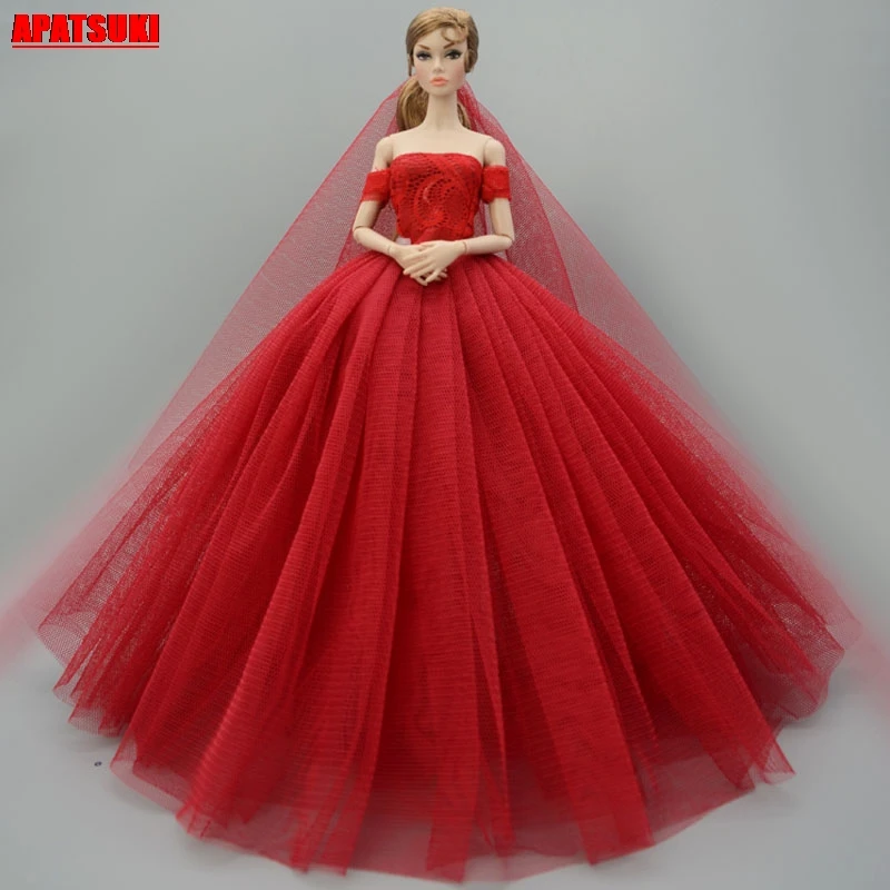 

Вечернее красное платье, свадебное платье для куклы Барби, наряды с открытыми плечами, Одежда для кукол 1/6 BJD, кружевное большое платье для ку...