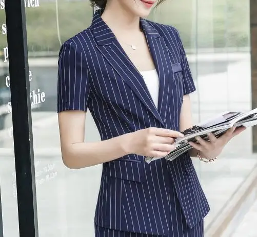 Short Sleeve Blazer Set Women Ol Korean Style Black Blue Stripe Two 2 Piece Ol Single Breasted Jacket Formal Pants/skirt Suit
Short Sleeve Blazer Set Women Ol Korean Style Black Blue Stripe Two 2 Piece Ol Single Breasted Jacket Formal Pants/skirt Suit