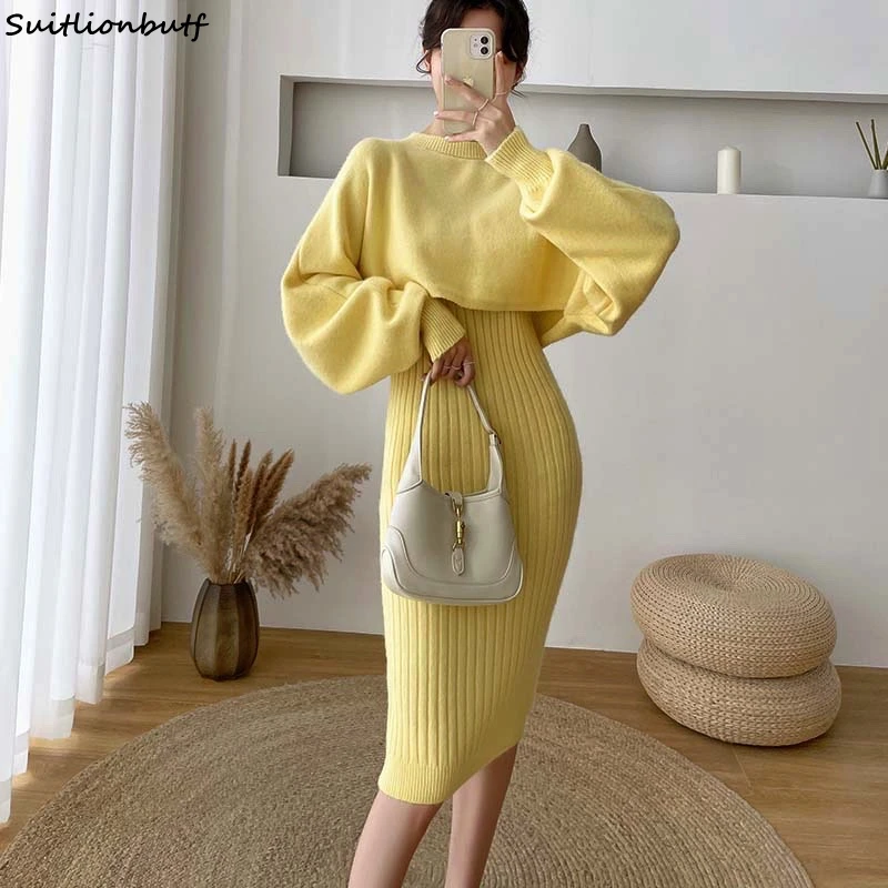 Autumn Winter Knitted Candy Colors 2 Piece Set Women Pullover Batwing Sleeve Loose Sweater Skinny Long Tank Dress Knitted Suits
Autumn Winter Knitted Candy Colors 2 Piece Set Women Pullover Batwing Sleeve Loose Sweater Skinny Long Tank Dress Knitted Suits