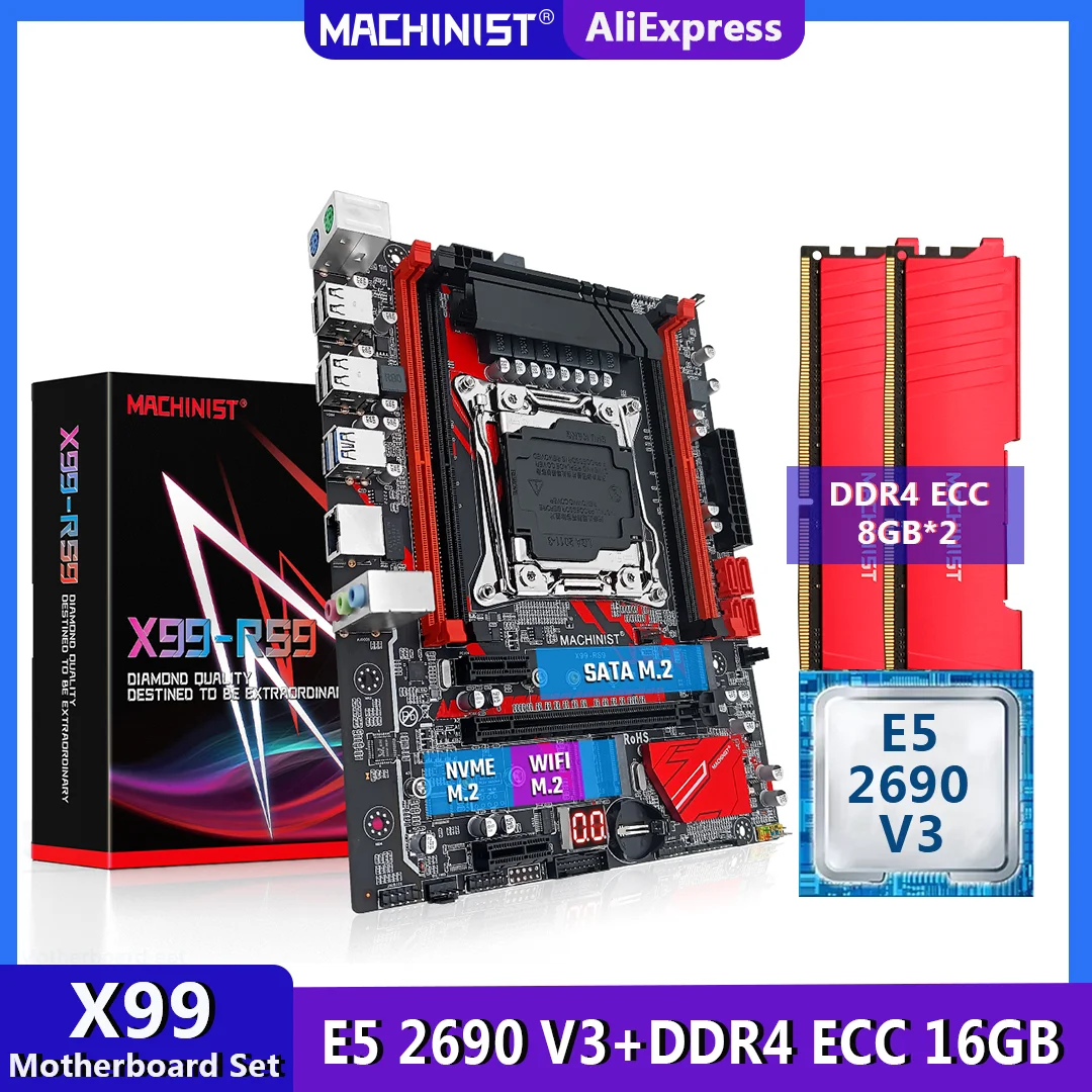 MACHINIST X99 комплект материнской платы LGA 2011-3 с процессором Xeon E5 2690 V3 DDR4 ECC 16 Гб (2*8 ГБ)