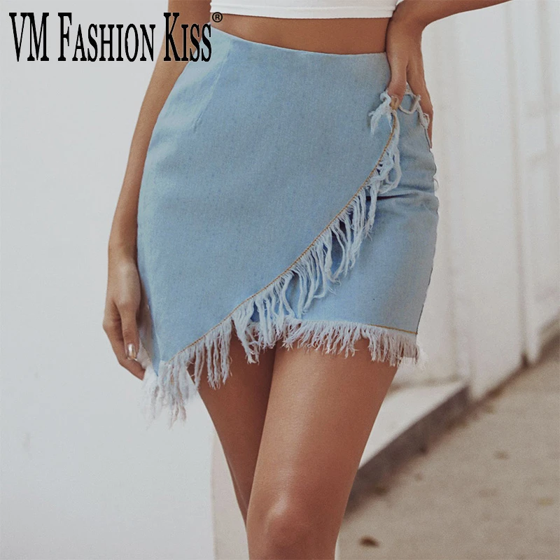 

2021 New Spring Summer Fashion Angled Hem Tassel Pack Hip Asymmetrical dress Washed Irregular Denim Skirt Women