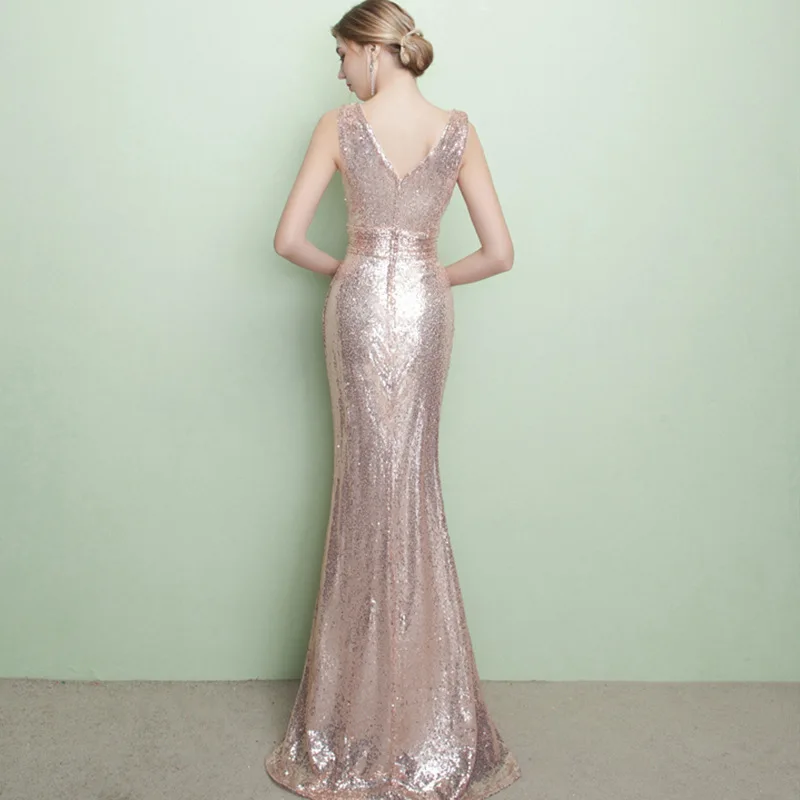 Элегантное платье Русалка с v-образным вырезом украшенное пайетками пол-Длина