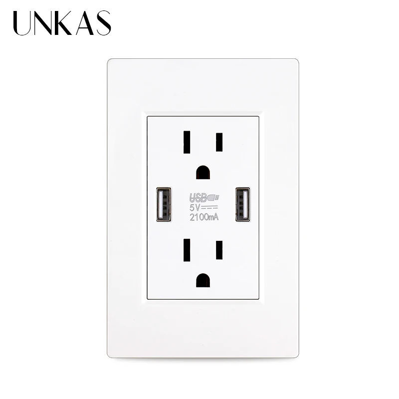 UNKAS White Black Plastic 2 US Power Socket 15A With Dual USB Port Charger For Phone Japan America Canada Mexico 118mm Outlet
UNKAS White Black Plastic 2 US Power Socket 15A With Dual USB Port Charger For Phone Japan America Canada Mexico 118mm Outlet