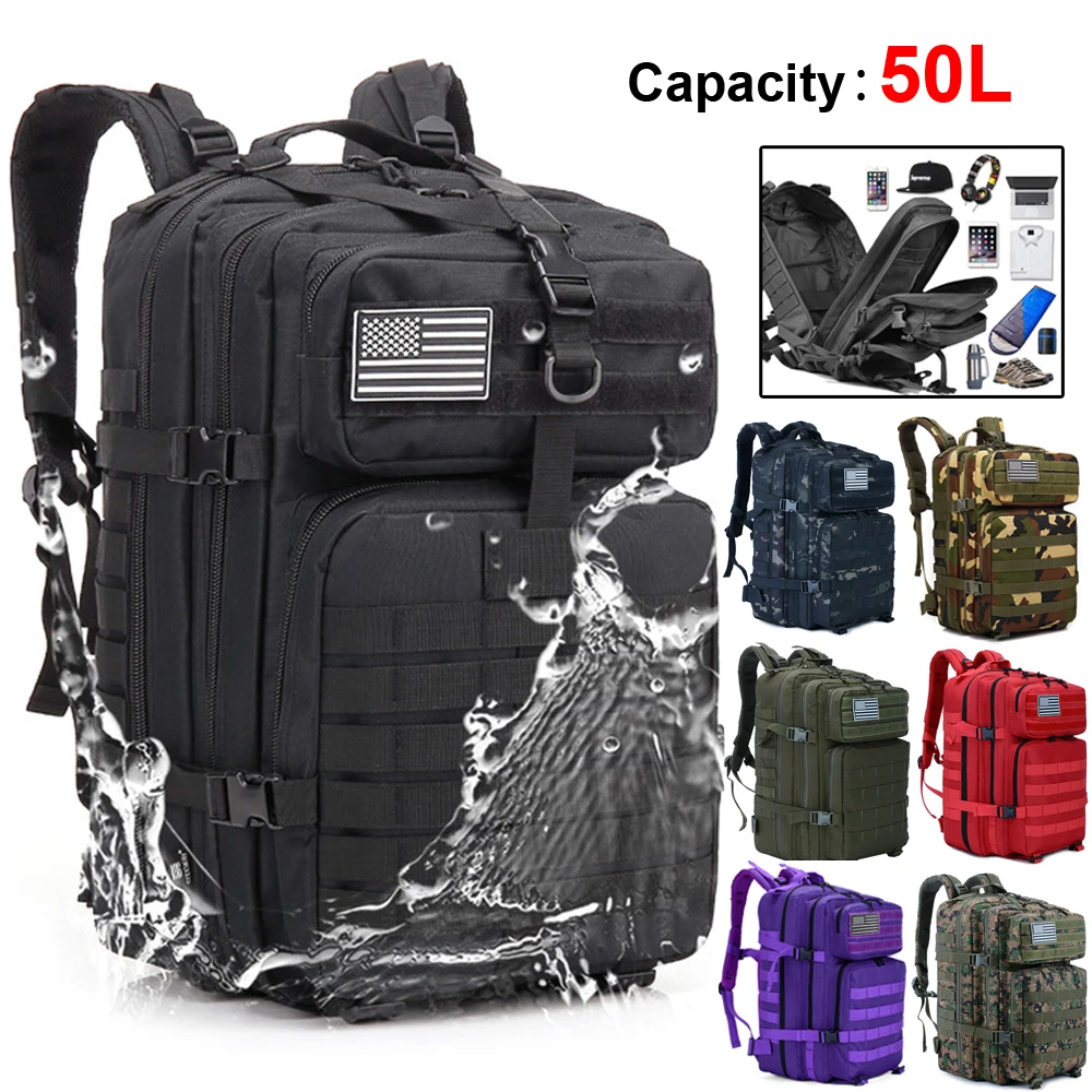 

50L Large Capacity Men Army Military Tactical Backpack 3P EDC Molle Pack Waterproof Bug Rucksack Hiking Camping Hunting Bags