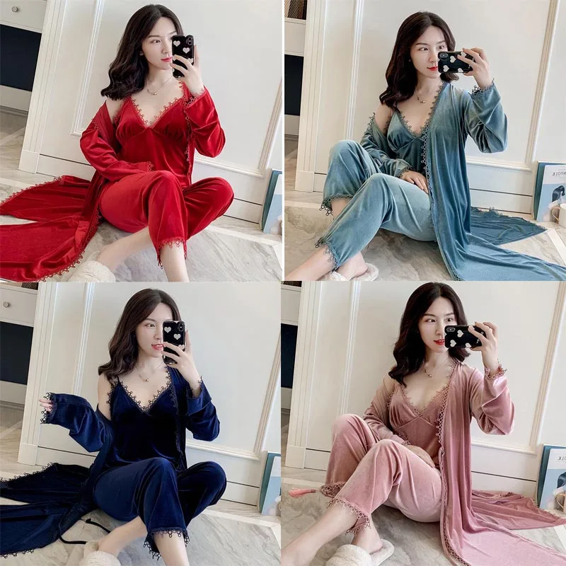 3 Pcs Gold Velvet Pajamas for Women Winter Hallow Sexy Sleepwear Warm Robe Suit Plus Size V-neck Ladies Home Clothes Pijama
3 Pcs Gold Velvet Pajamas for Women Winter Hallow Sexy Sleepwear Warm Robe Suit Plus Size V-neck Ladies Home Clothes Pijama