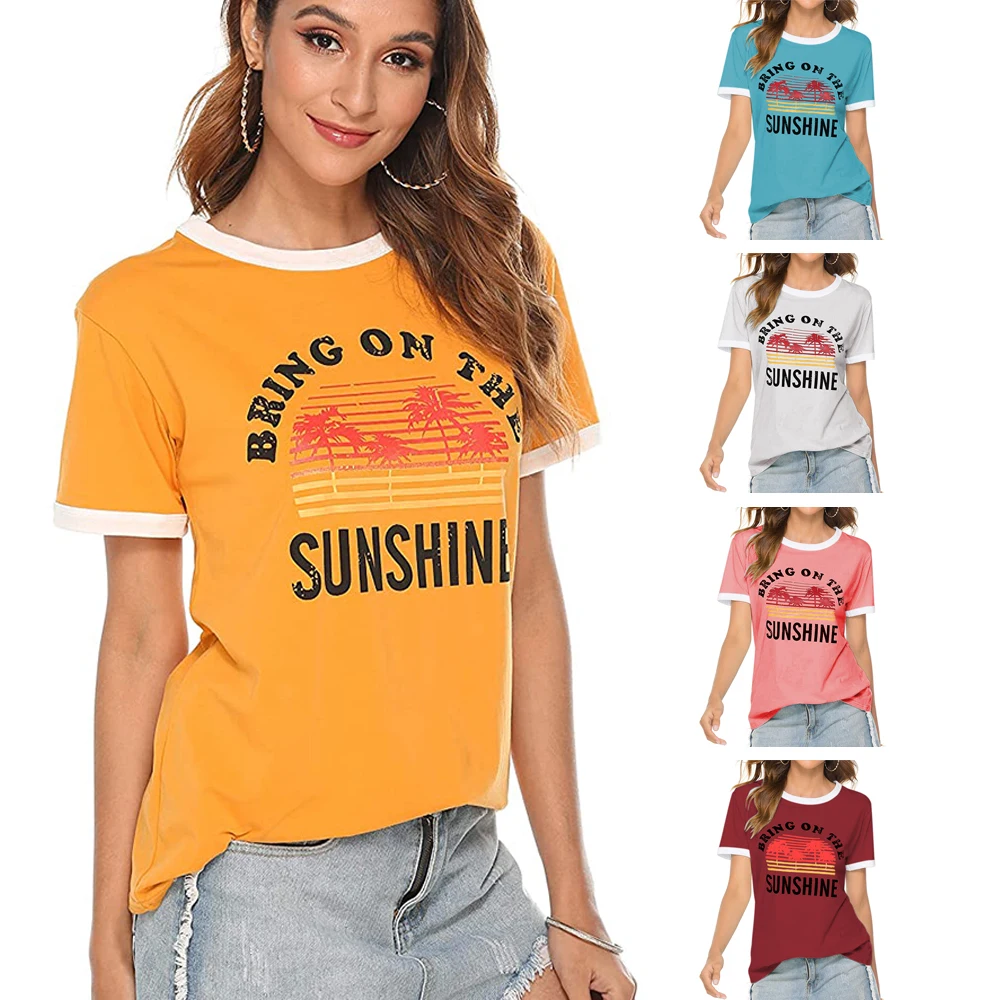 

Women Bring On The Sunshine Beach Casual Tee Ladies Vintage Letter Print Streetwear Crew Neck Summer Fashion Tunic Top T-Shirt
