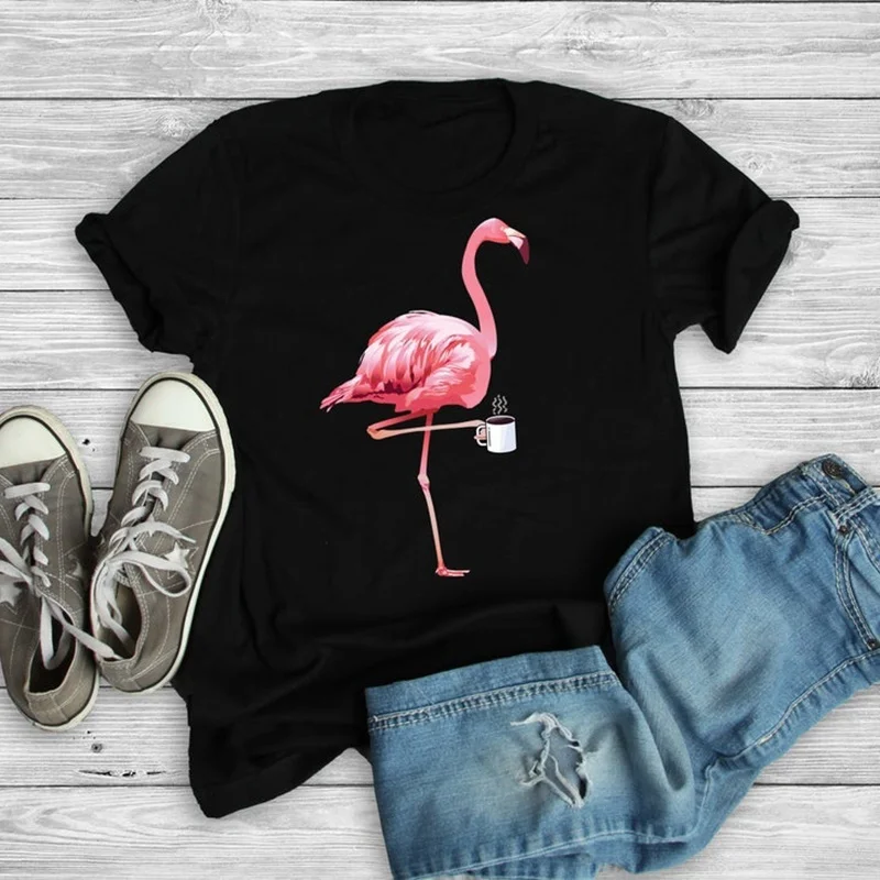 

Plus Size Flamingo Coffee Print T Shirt Women Short Sleeve O Neck Loose Tshirt 2021 Summer Women Tee Shirt Tops Camisetas Mujer