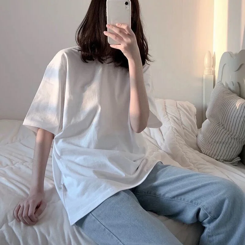Простая белая футболка из чистого хлопка с коротким рукавом женская Корейская
