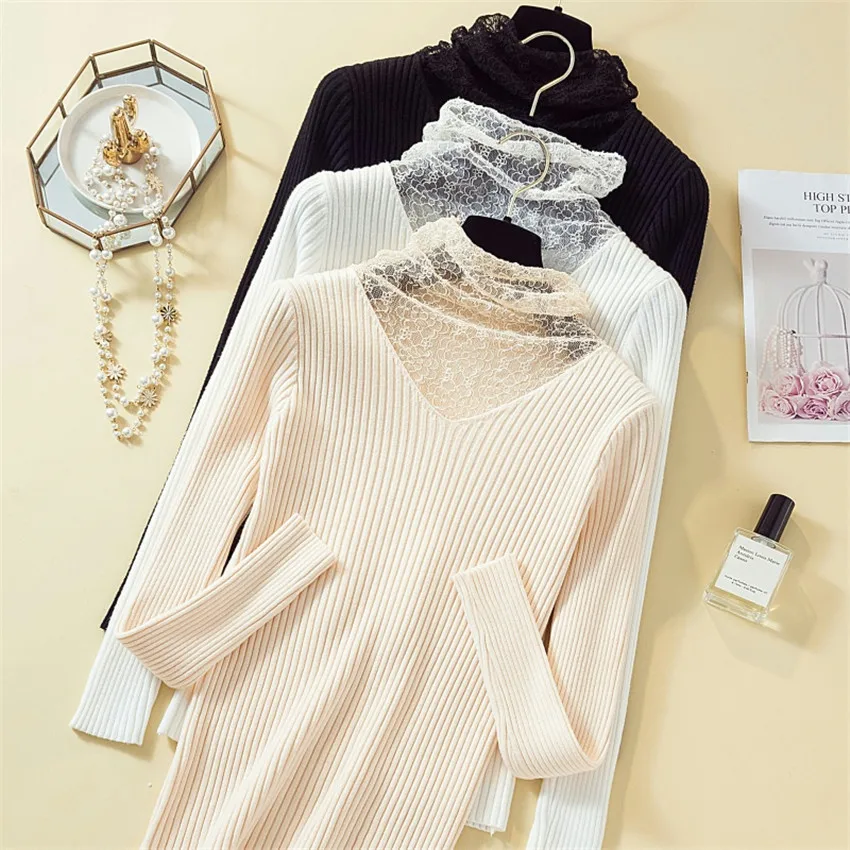 Fashion Lace Neck Thin Knitted Pullover Sweater Women Turtleneck Sweaters Female Autumn Winter Underwear Juper Pull Femme
Fashion Lace Neck Thin Knitted Pullover Sweater Women Turtleneck Sweaters Female Autumn Winter Underwear Juper Pull Femme