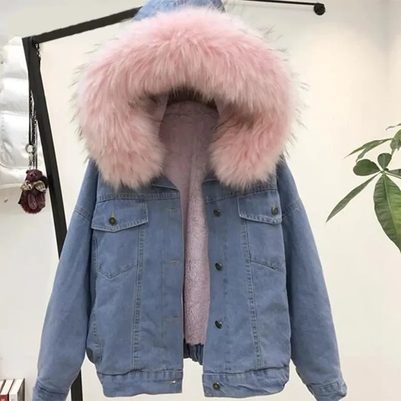 Fashion Women Faux Leather Thick Jean Jacket Female Fur Collar Denim Coat Fleece Hooded Warm Winter Outwear | Женская одежда