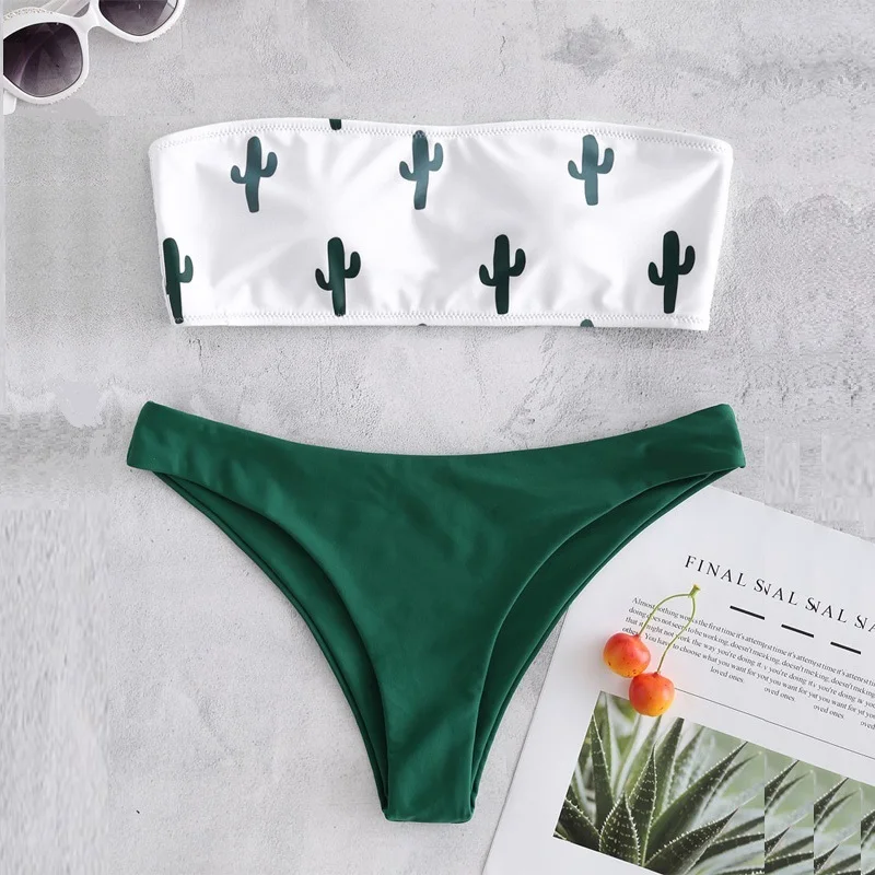 

2020 Bandeau Bikinis Set Swimwear Women Push Up Bikini Swimsuit Female Cactus Print Sexy Bathing Suit Girls Brazilian Biquini