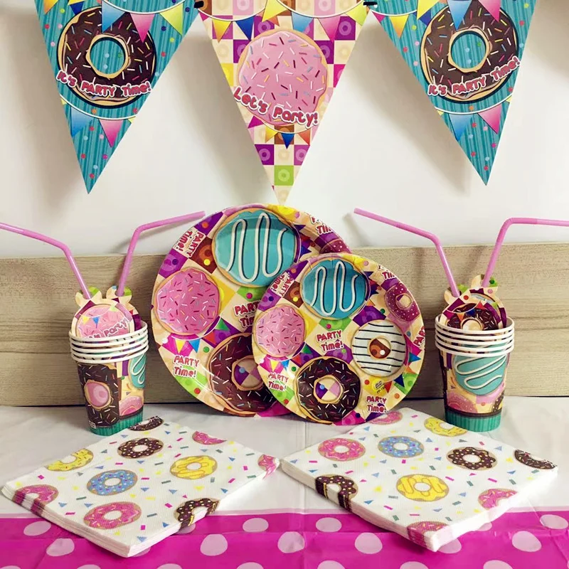62pcs/set Cute Donut Party Theme Plates Paper Cups Napkins Straws Flag Tablecltoh Wedding Event Birthday Party Decor Supplies
62pcs/set Cute Donut Party Theme Plates Paper Cups Napkins Straws Flag Tablecltoh Wedding Event Birthday Party Decor Supplies
