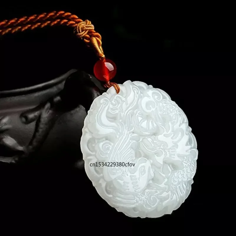 Natural XinJiang White Jade Round Dragon Phoenix Pendant Necklace Stone Lucky Amulet Chain Men Women Gifts sweater chain | Украшения и